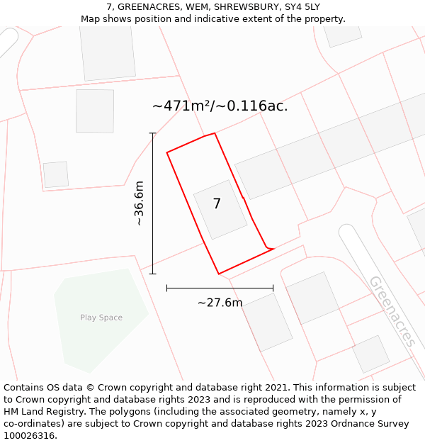 7, GREENACRES, WEM, SHREWSBURY, SY4 5LY: Plot and title map