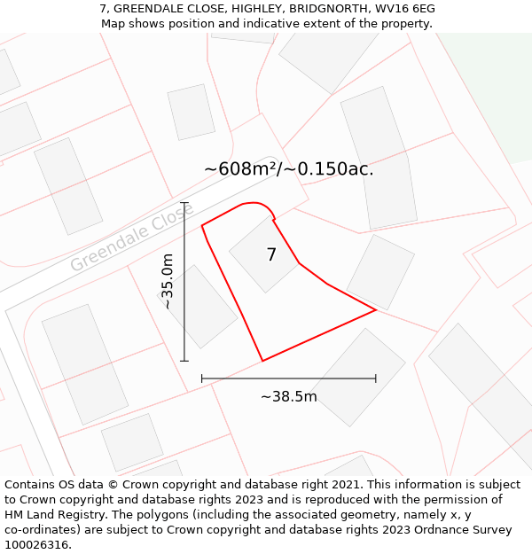 7, GREENDALE CLOSE, HIGHLEY, BRIDGNORTH, WV16 6EG: Plot and title map