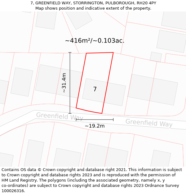 7, GREENFIELD WAY, STORRINGTON, PULBOROUGH, RH20 4PY: Plot and title map