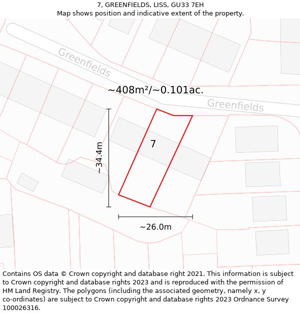 7, GREENFIELDS, LISS, GU33 7EH: Plot and title map