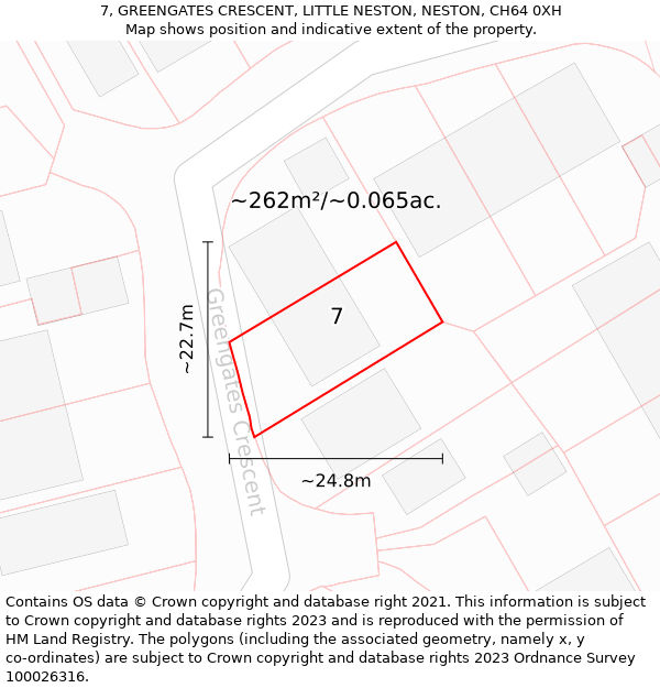 7, GREENGATES CRESCENT, LITTLE NESTON, NESTON, CH64 0XH: Plot and title map