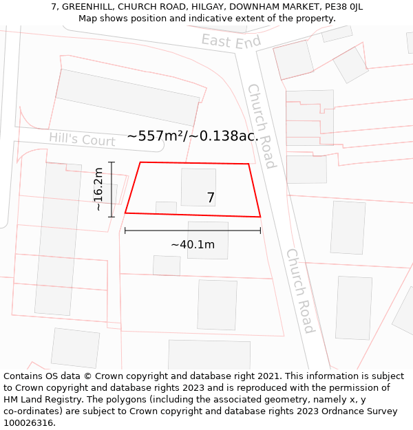 7, GREENHILL, CHURCH ROAD, HILGAY, DOWNHAM MARKET, PE38 0JL: Plot and title map