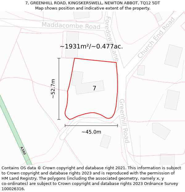 7, GREENHILL ROAD, KINGSKERSWELL, NEWTON ABBOT, TQ12 5DT: Plot and title map
