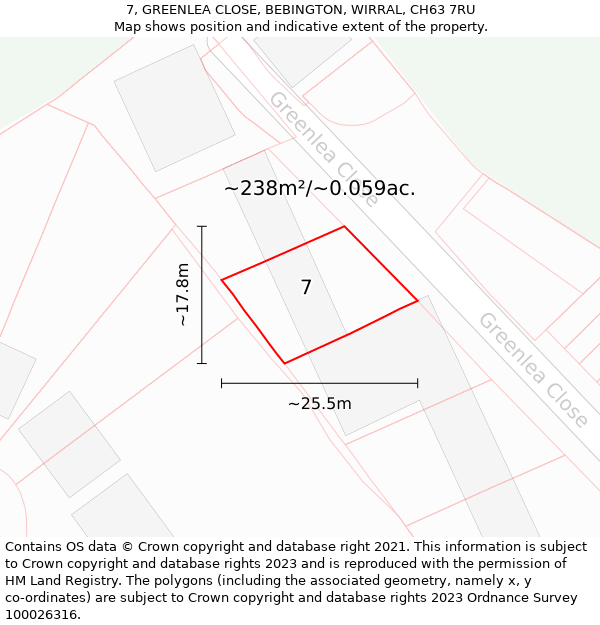 7, GREENLEA CLOSE, BEBINGTON, WIRRAL, CH63 7RU: Plot and title map