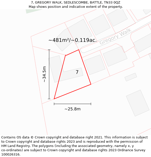 7, GREGORY WALK, SEDLESCOMBE, BATTLE, TN33 0QZ: Plot and title map