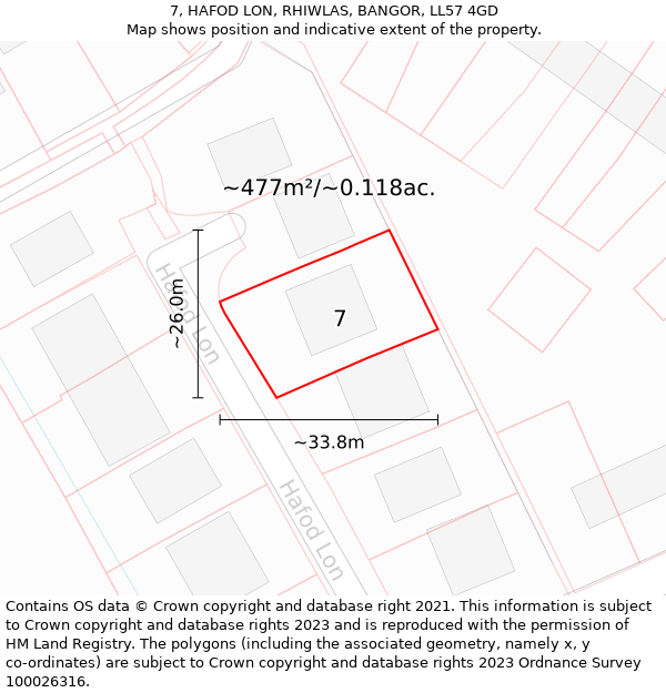 7, HAFOD LON, RHIWLAS, BANGOR, LL57 4GD: Plot and title map