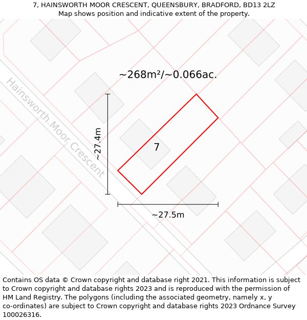 7, HAINSWORTH MOOR CRESCENT, QUEENSBURY, BRADFORD, BD13 2LZ: Plot and title map