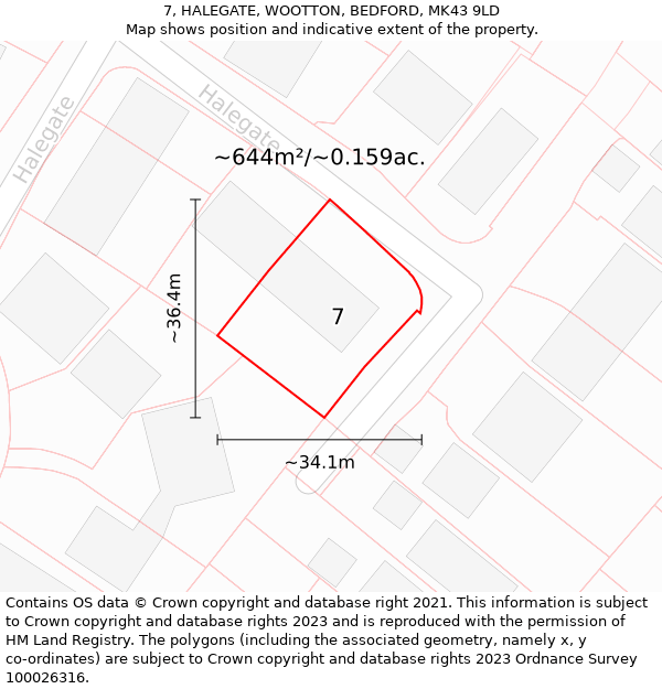 7, HALEGATE, WOOTTON, BEDFORD, MK43 9LD: Plot and title map