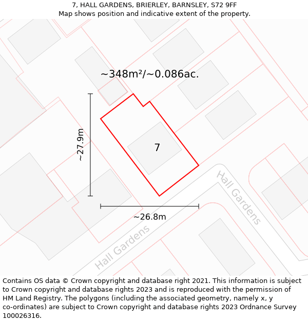 7, HALL GARDENS, BRIERLEY, BARNSLEY, S72 9FF: Plot and title map