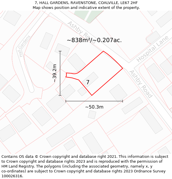 7, HALL GARDENS, RAVENSTONE, COALVILLE, LE67 2HF: Plot and title map