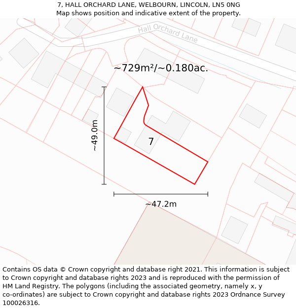 7, HALL ORCHARD LANE, WELBOURN, LINCOLN, LN5 0NG: Plot and title map