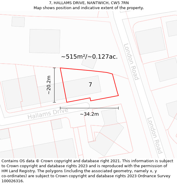 7, HALLAMS DRIVE, NANTWICH, CW5 7RN: Plot and title map