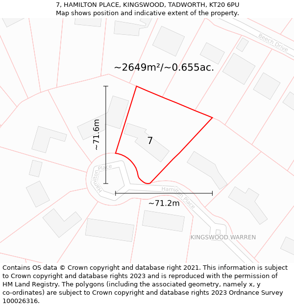 7, HAMILTON PLACE, KINGSWOOD, TADWORTH, KT20 6PU: Plot and title map