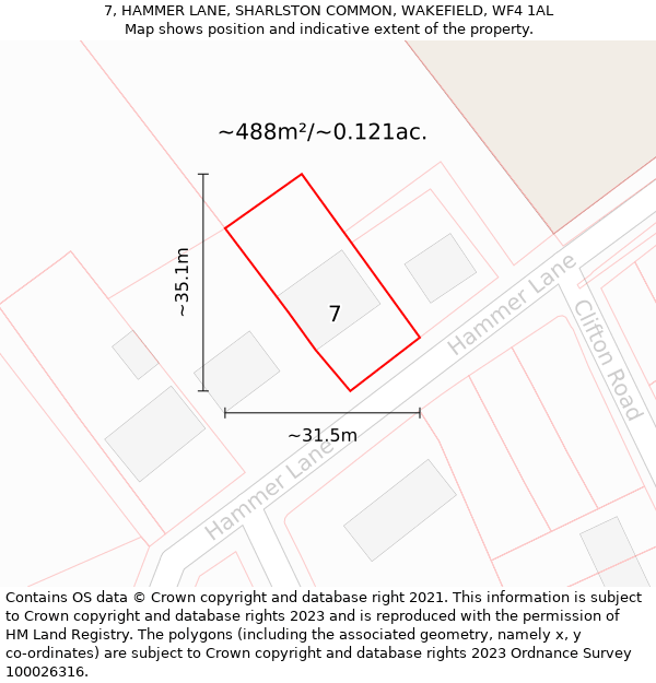 7, HAMMER LANE, SHARLSTON COMMON, WAKEFIELD, WF4 1AL: Plot and title map