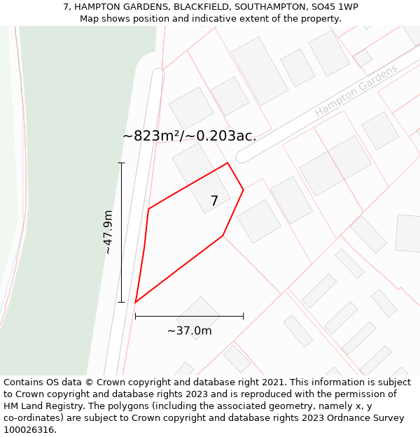 7, HAMPTON GARDENS, BLACKFIELD, SOUTHAMPTON, SO45 1WP: Plot and title map