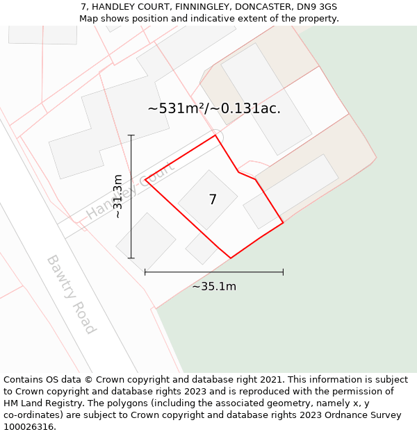 7, HANDLEY COURT, FINNINGLEY, DONCASTER, DN9 3GS: Plot and title map