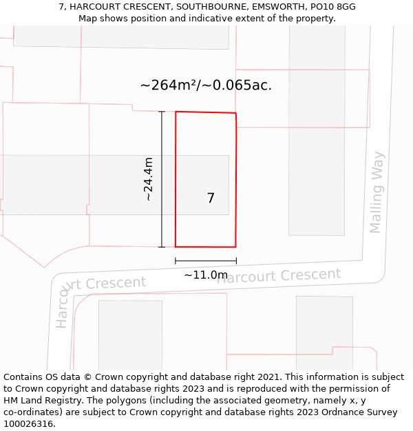 7, HARCOURT CRESCENT, SOUTHBOURNE, EMSWORTH, PO10 8GG: Plot and title map