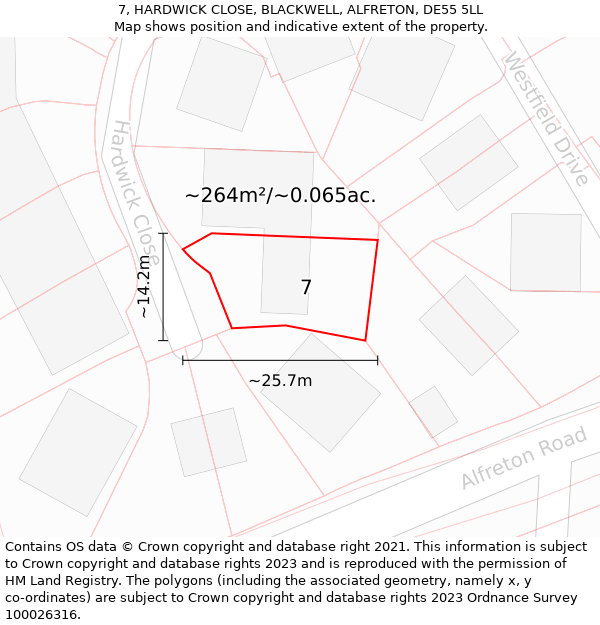 7, HARDWICK CLOSE, BLACKWELL, ALFRETON, DE55 5LL: Plot and title map