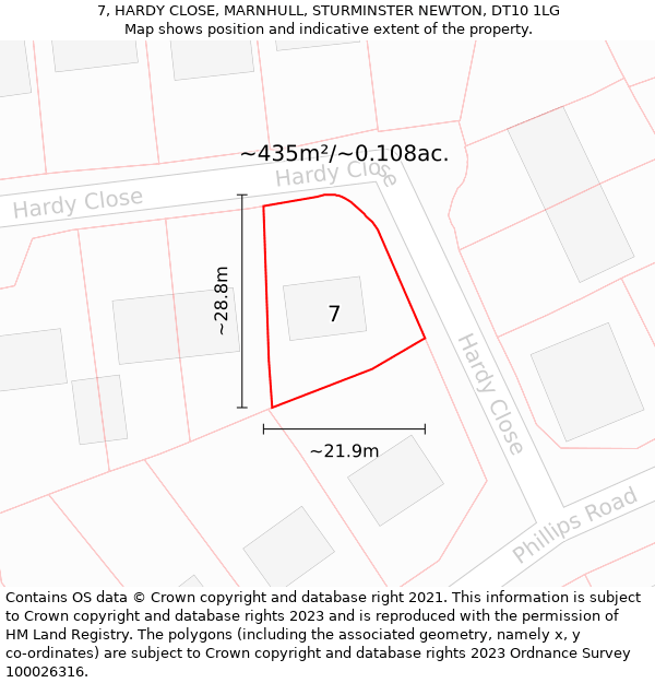 7, HARDY CLOSE, MARNHULL, STURMINSTER NEWTON, DT10 1LG: Plot and title map