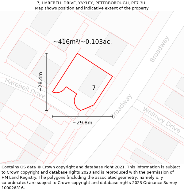 7, HAREBELL DRIVE, YAXLEY, PETERBOROUGH, PE7 3UL: Plot and title map