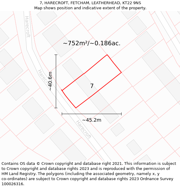 7, HARECROFT, FETCHAM, LEATHERHEAD, KT22 9NS: Plot and title map