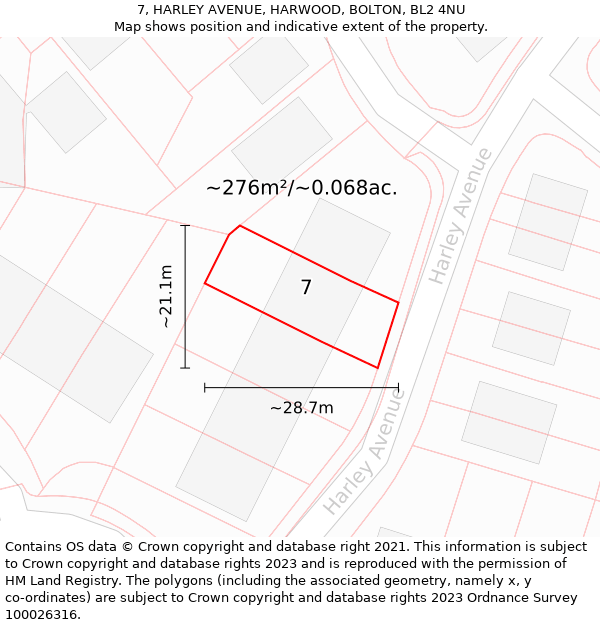 7, HARLEY AVENUE, HARWOOD, BOLTON, BL2 4NU: Plot and title map