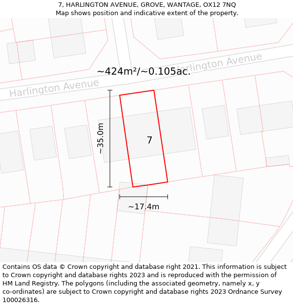 7, HARLINGTON AVENUE, GROVE, WANTAGE, OX12 7NQ: Plot and title map