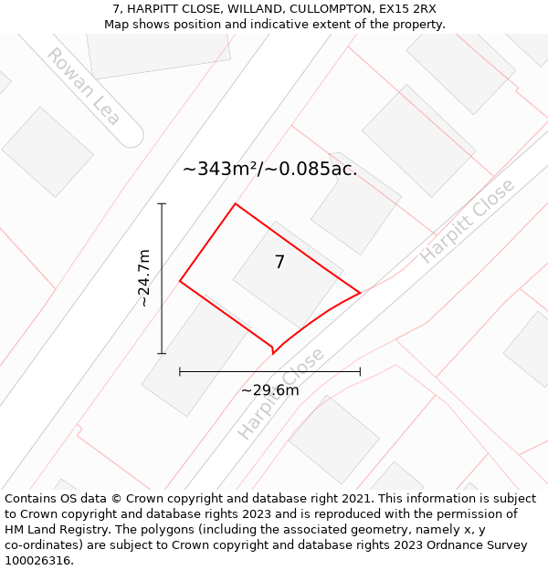 7, HARPITT CLOSE, WILLAND, CULLOMPTON, EX15 2RX: Plot and title map