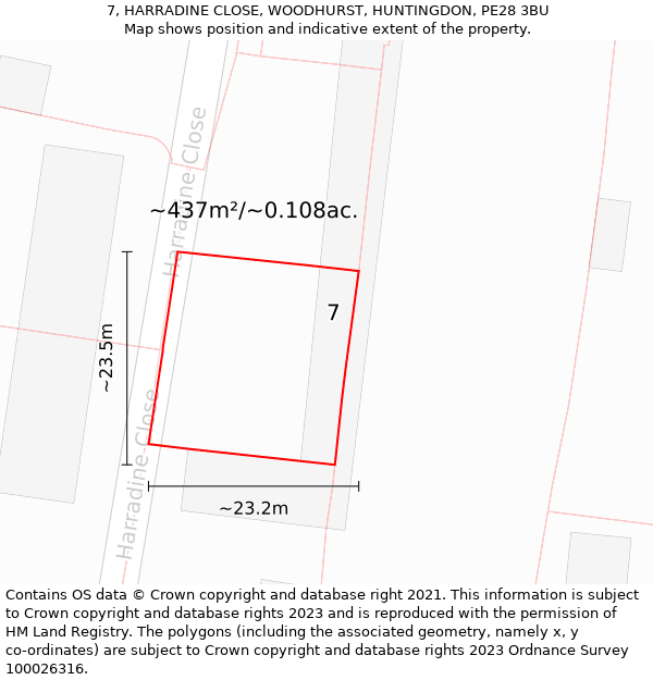 7, HARRADINE CLOSE, WOODHURST, HUNTINGDON, PE28 3BU: Plot and title map