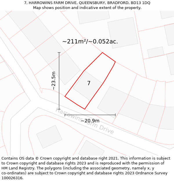 7, HARROWINS FARM DRIVE, QUEENSBURY, BRADFORD, BD13 1DQ: Plot and title map