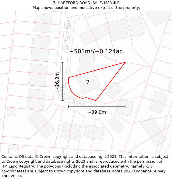 7, HARTFORD ROAD, SALE, M33 4LE: Plot and title map