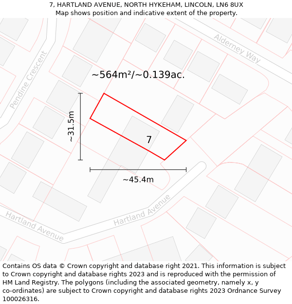 7, HARTLAND AVENUE, NORTH HYKEHAM, LINCOLN, LN6 8UX: Plot and title map