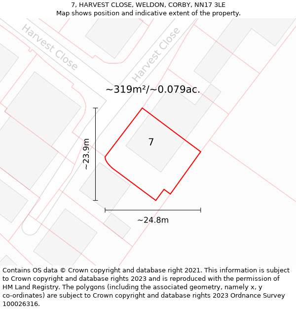 7, HARVEST CLOSE, WELDON, CORBY, NN17 3LE: Plot and title map