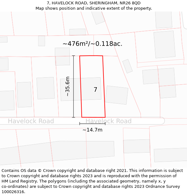 7, HAVELOCK ROAD, SHERINGHAM, NR26 8QD: Plot and title map