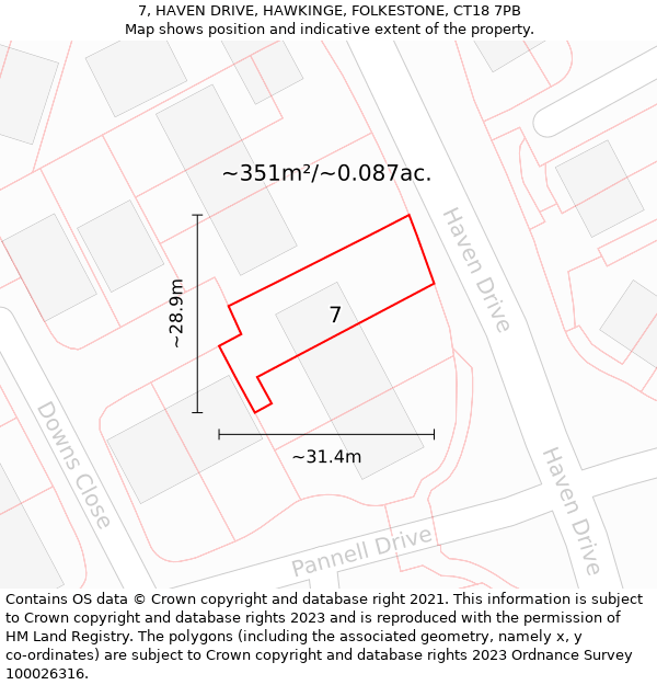 7, HAVEN DRIVE, HAWKINGE, FOLKESTONE, CT18 7PB: Plot and title map