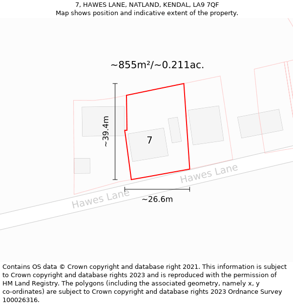 7, HAWES LANE, NATLAND, KENDAL, LA9 7QF: Plot and title map