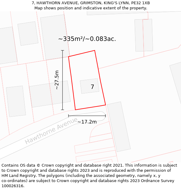 7, HAWTHORN AVENUE, GRIMSTON, KING'S LYNN, PE32 1XB: Plot and title map