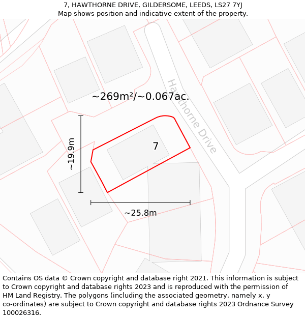 7, HAWTHORNE DRIVE, GILDERSOME, LEEDS, LS27 7YJ: Plot and title map