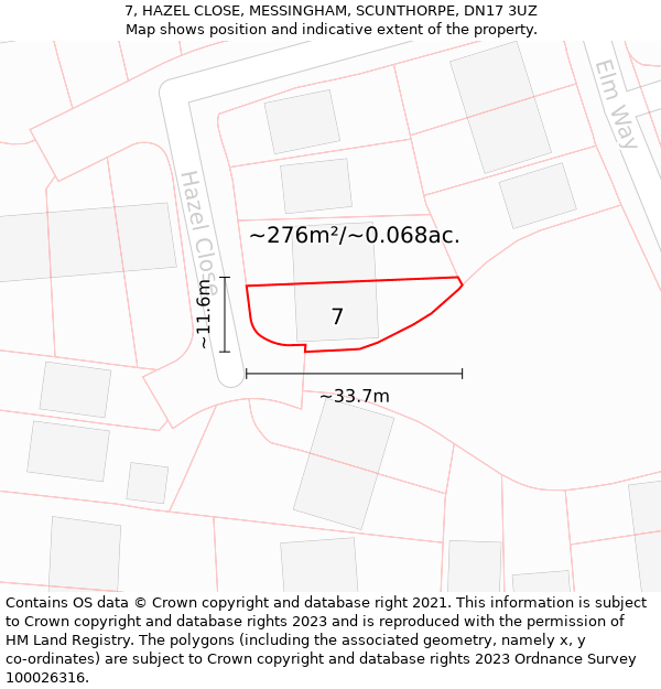 7, HAZEL CLOSE, MESSINGHAM, SCUNTHORPE, DN17 3UZ: Plot and title map