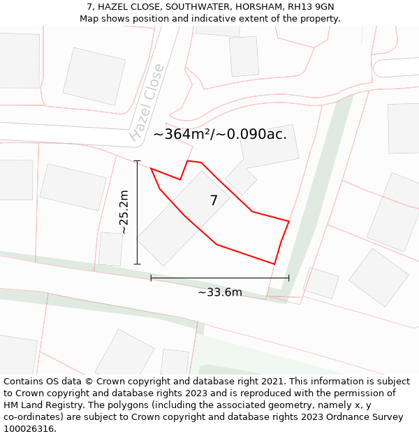 7, HAZEL CLOSE, SOUTHWATER, HORSHAM, RH13 9GN: Plot and title map