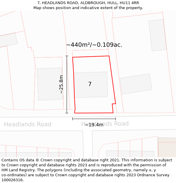 7, HEADLANDS ROAD, ALDBROUGH, HULL, HU11 4RR: Plot and title map