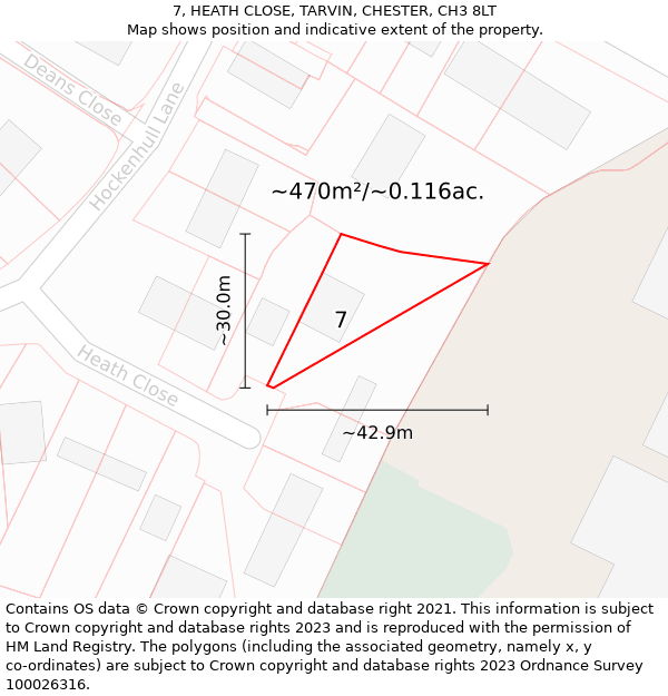 7, HEATH CLOSE, TARVIN, CHESTER, CH3 8LT: Plot and title map