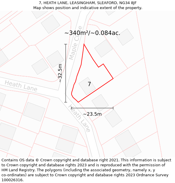 7, HEATH LANE, LEASINGHAM, SLEAFORD, NG34 8JF: Plot and title map