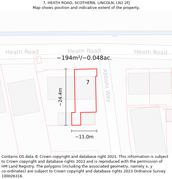 7, HEATH ROAD, SCOTHERN, LINCOLN, LN2 2FJ: Plot and title map