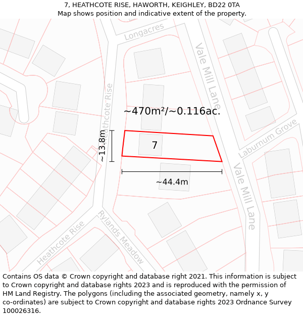 7, HEATHCOTE RISE, HAWORTH, KEIGHLEY, BD22 0TA: Plot and title map