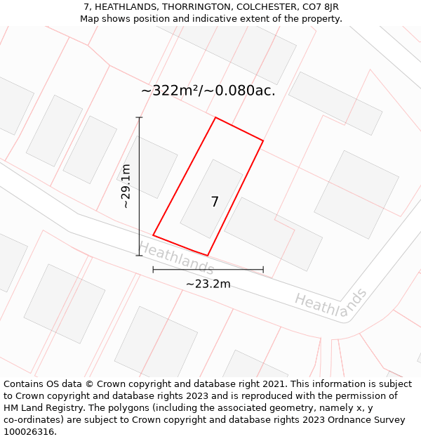 7, HEATHLANDS, THORRINGTON, COLCHESTER, CO7 8JR: Plot and title map