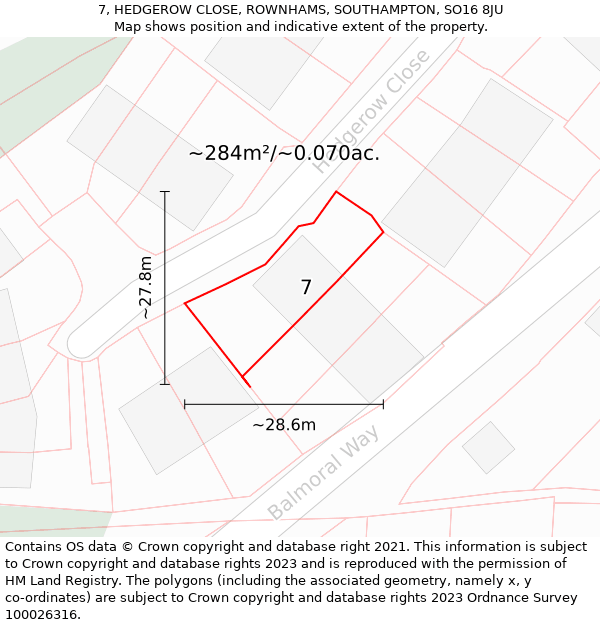 7, HEDGEROW CLOSE, ROWNHAMS, SOUTHAMPTON, SO16 8JU: Plot and title map