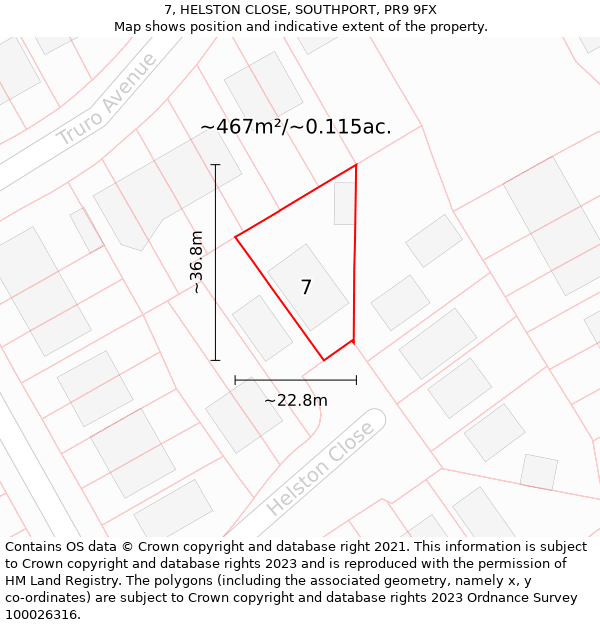 7, HELSTON CLOSE, SOUTHPORT, PR9 9FX: Plot and title map