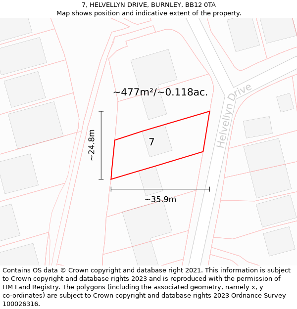 7, HELVELLYN DRIVE, BURNLEY, BB12 0TA: Plot and title map