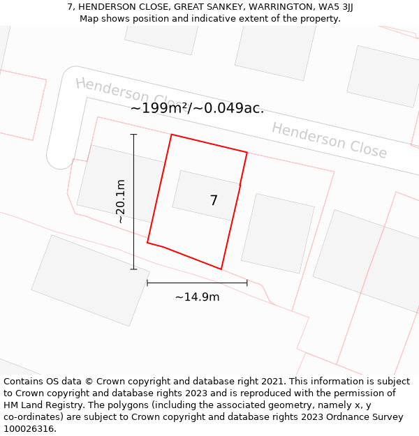 7, HENDERSON CLOSE, GREAT SANKEY, WARRINGTON, WA5 3JJ: Plot and title map